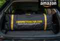 Compact Shelter now available on Amazon, shown packed in a vehicle trunk with branded gear bag and availability badge